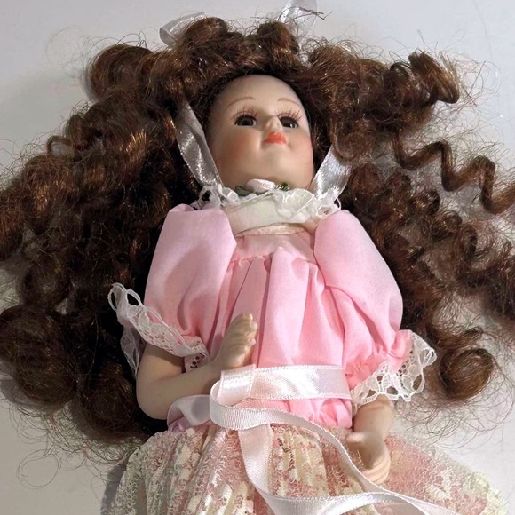 porcelain doll pink dress Vintage Porcelain Doll 16" Tall Blue Glass Eyes Victorian Pink Satin Dress